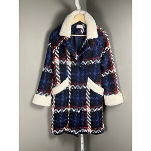 Savida Ireland Tweed Plaid Coat with Sherpa Trim 38 US S Cozy Textured